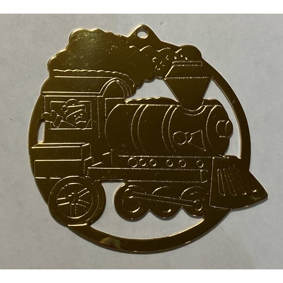 Brass 2.5" Ornament Gold Metal Etched Train Engine Teddy Bear Gloria Duchin - Picture 2 of 6